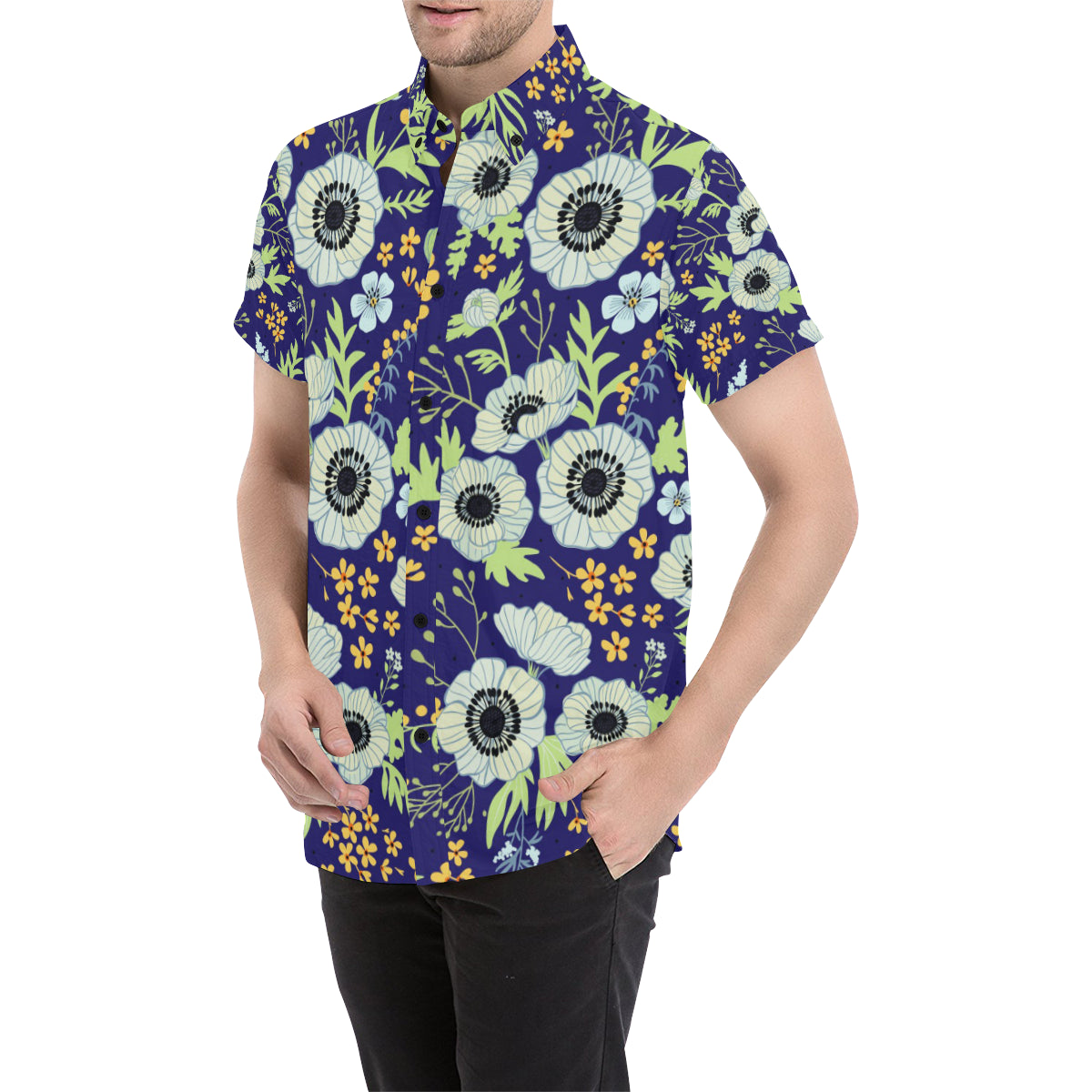 Anemone Pattern Print Design AM06 Men's Short Sleeve Button Up Shirt