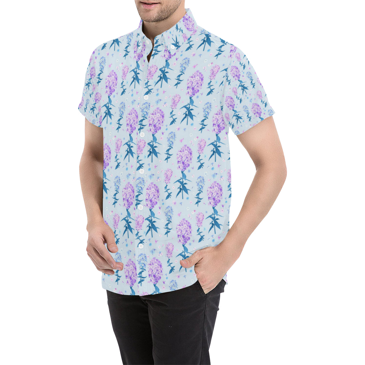 Lilac Pattern Print Design LI05 Men's Short Sleeve Button Up Shirt