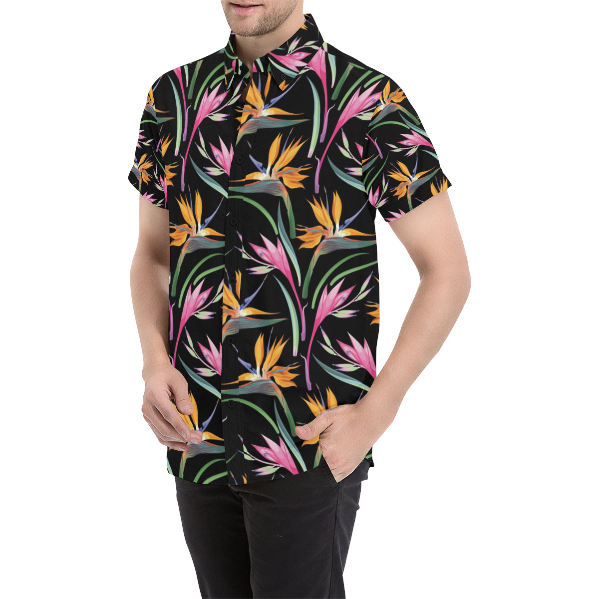 Tropical Flower Pattern Print Design TF017 Men's Short Sleeve Button Up Shirt