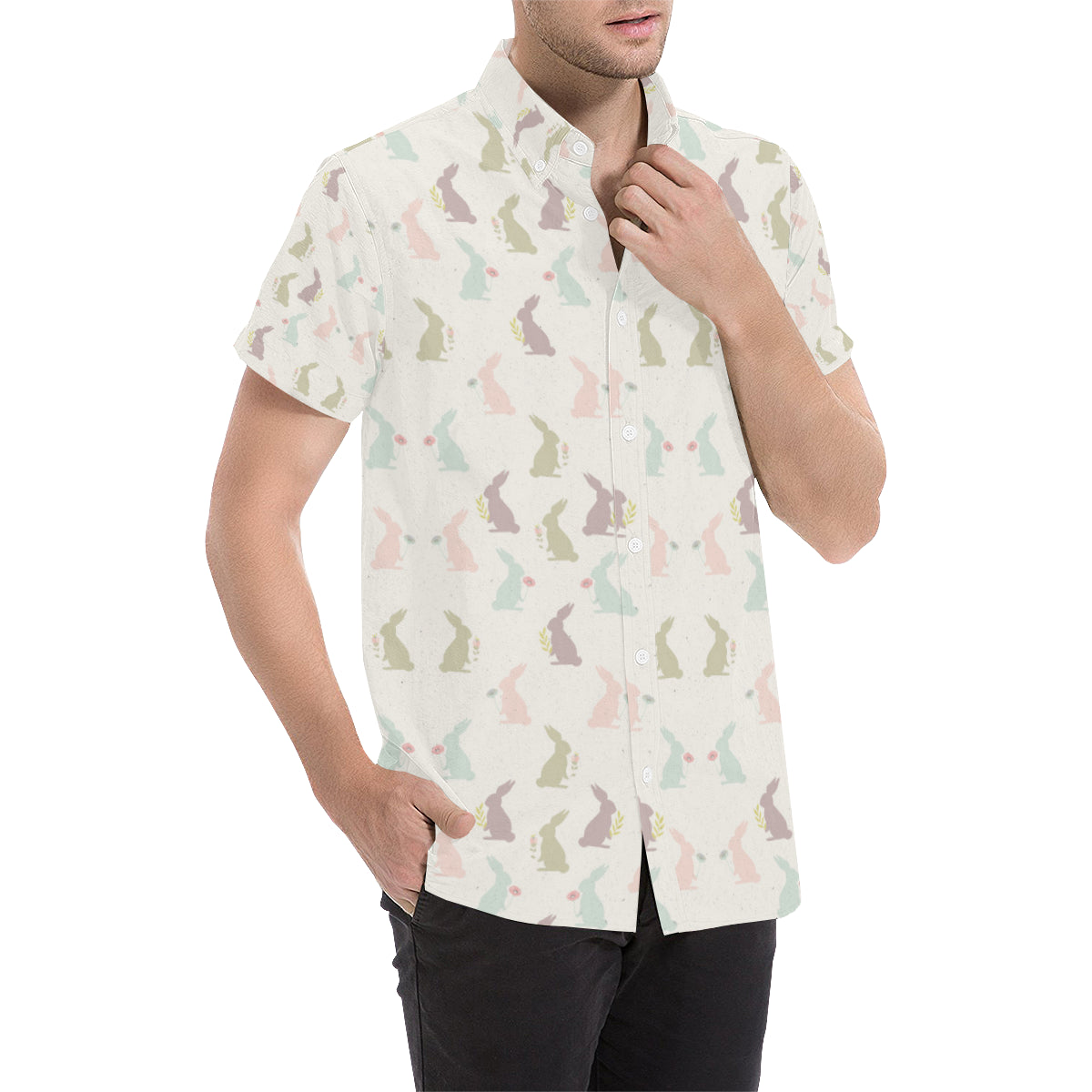 Bunny Pattern Print Design 05 Men's Short Sleeve Button Up Shirt
