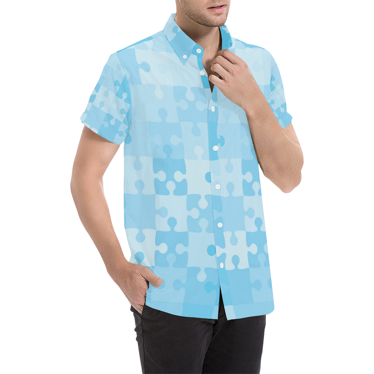 Puzzle Blue Pattern Print Design A04 Men's Short Sleeve Button Up Shirt