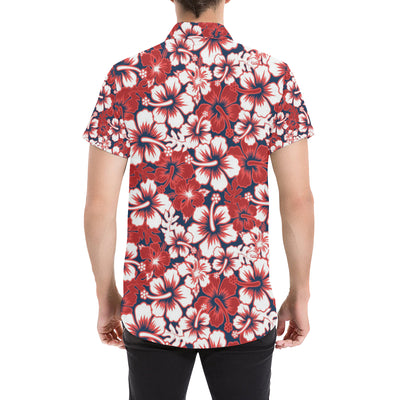 Red Hibiscus Pattern Print Design HB01 Men's Short Sleeve Button Up Shirt