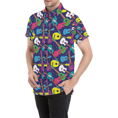 Ukulele Pattern Print Design 02 Men's Short Sleeve Button Up Shirt