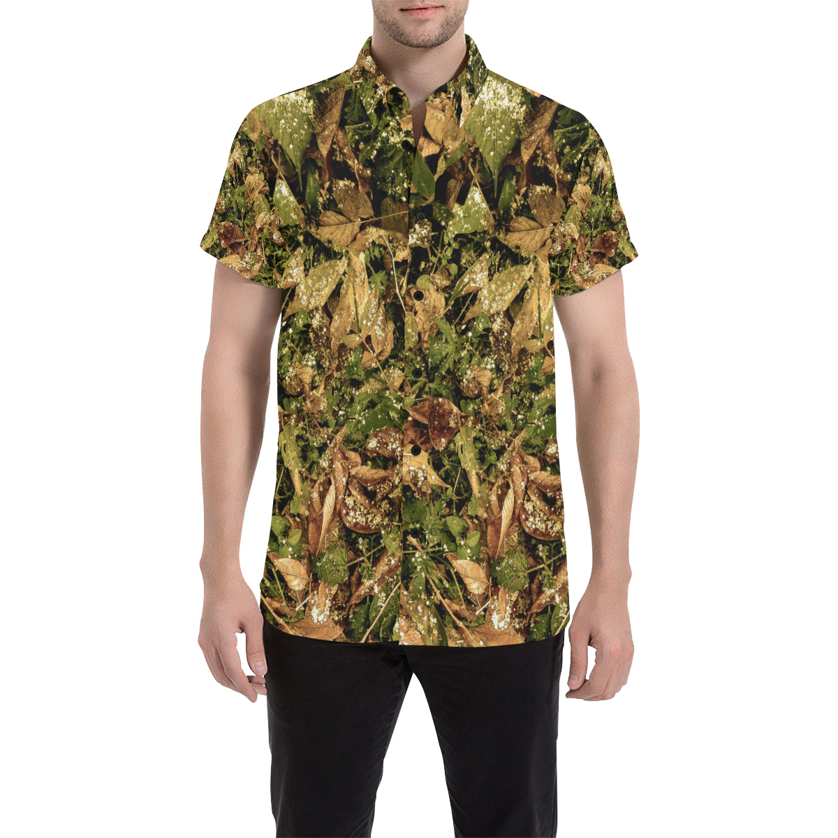 Camo Realistic Tree Forest Texture Print Men's Short Sleeve Button Up Shirt