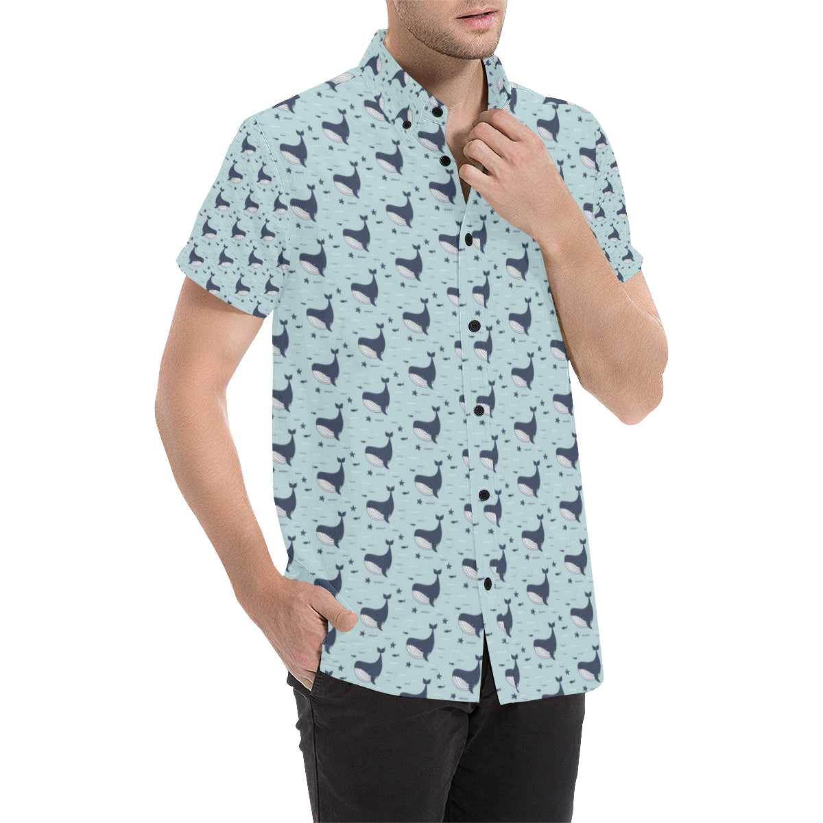 Whale Cute Design Themed Print Men's Short Sleeve Button Up Shirt