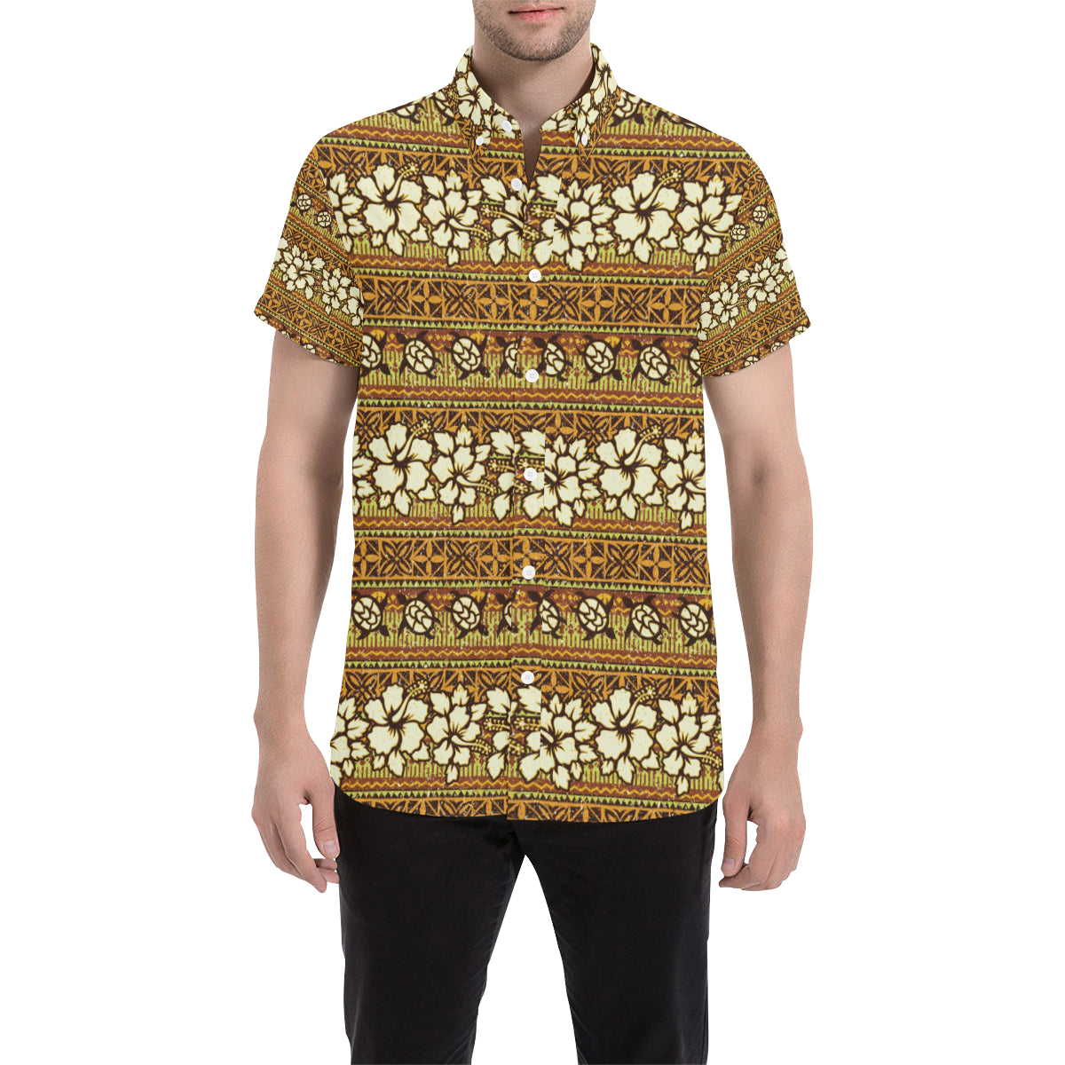 Hawaiian Themed Pattern Print Design H015 Men's Short Sleeve Button Up Shirt