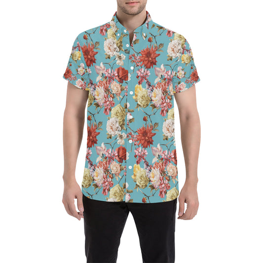 Summer Floral Pattern Print Design SF05 Men's Short Sleeve Button Up Shirt