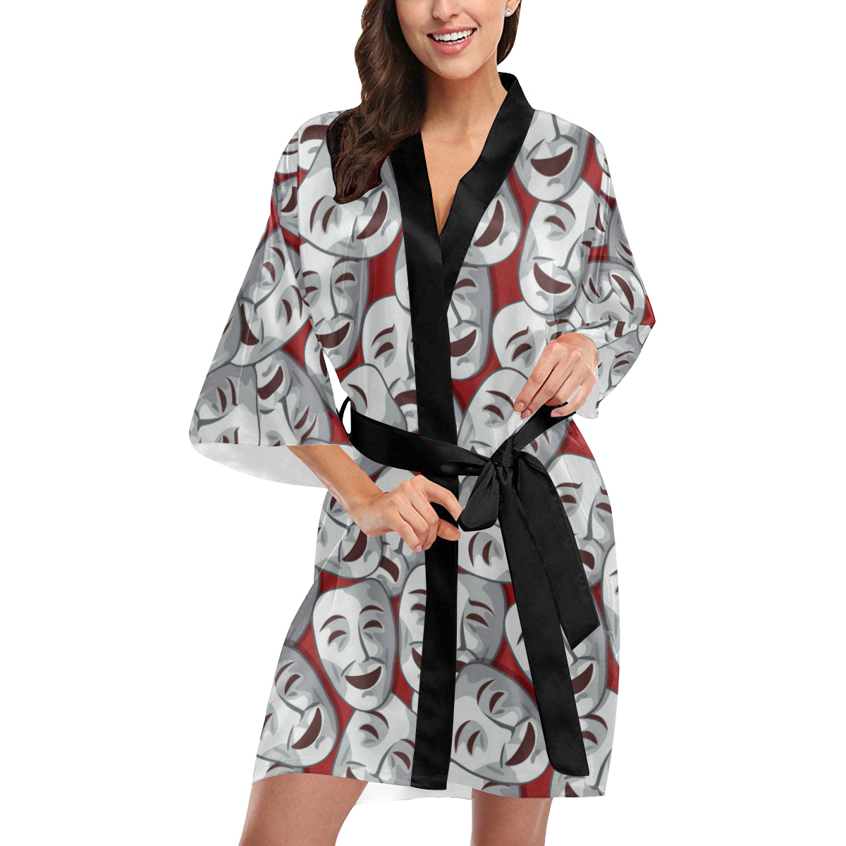 Acting Mask Pattern Print Design 01 Women's Short Kimono