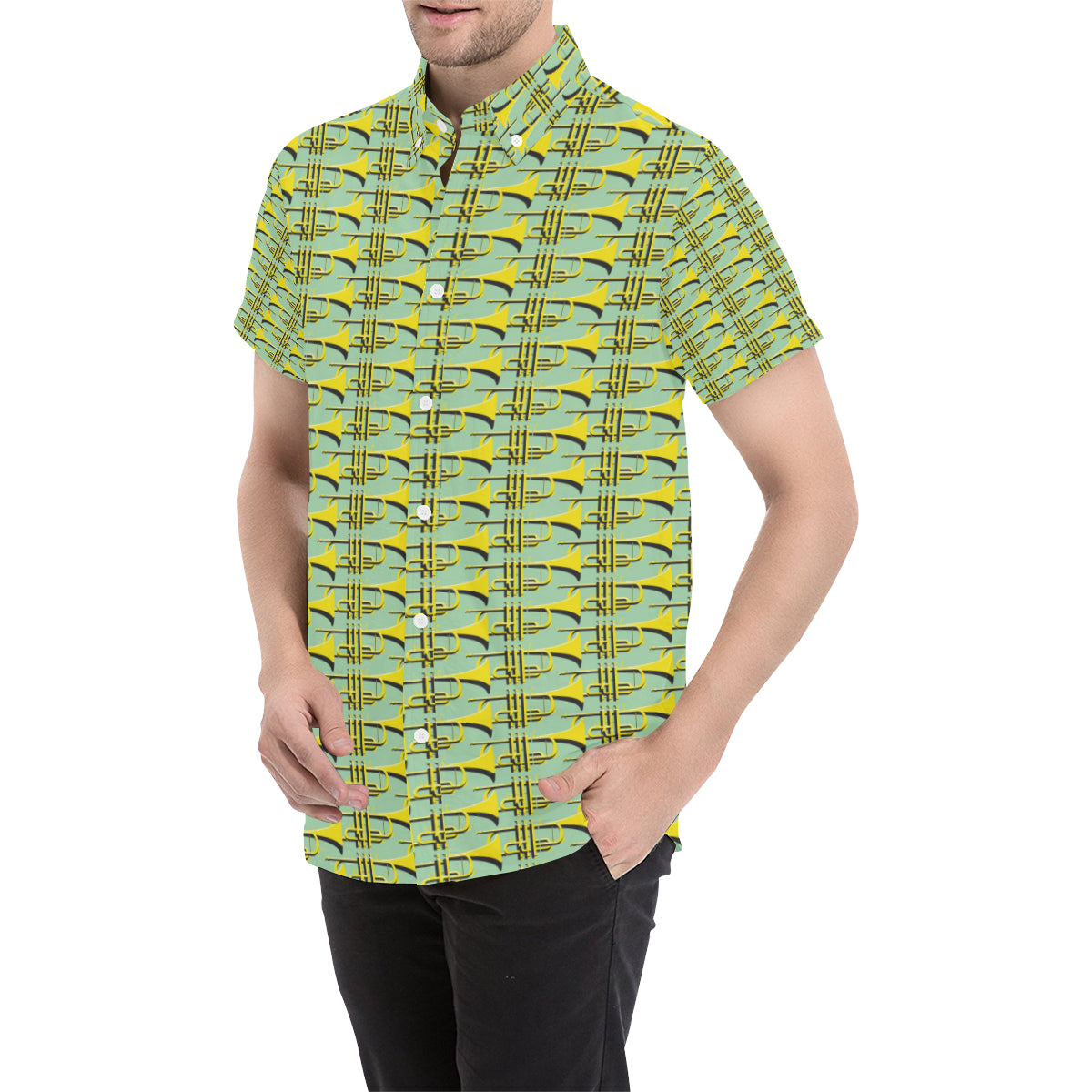 Trumpet Vintage Design Print Men's Short Sleeve Button Up Shirt