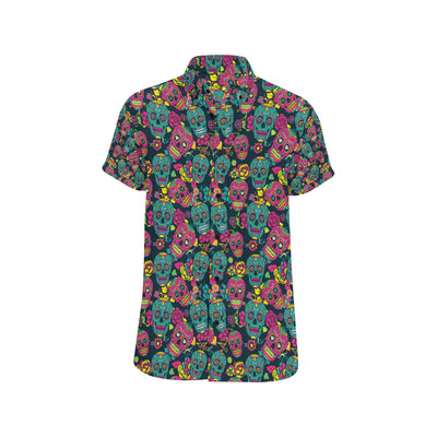 Sugar Skull Floral Design Themed Print Men's Short Sleeve Button Up Shirt