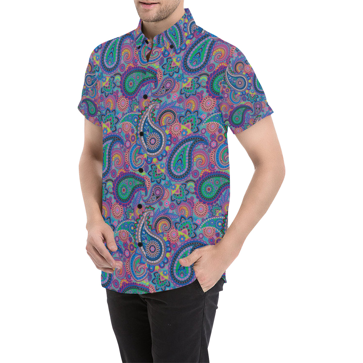 Paisley Colorful Pattern Print Design A02 Men's Short Sleeve Button Up Shirt