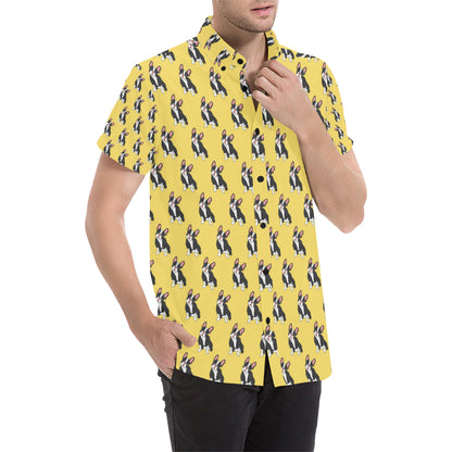 Boston Terrier Pattern Print Design 06 Men's Short Sleeve Button Up Shirt