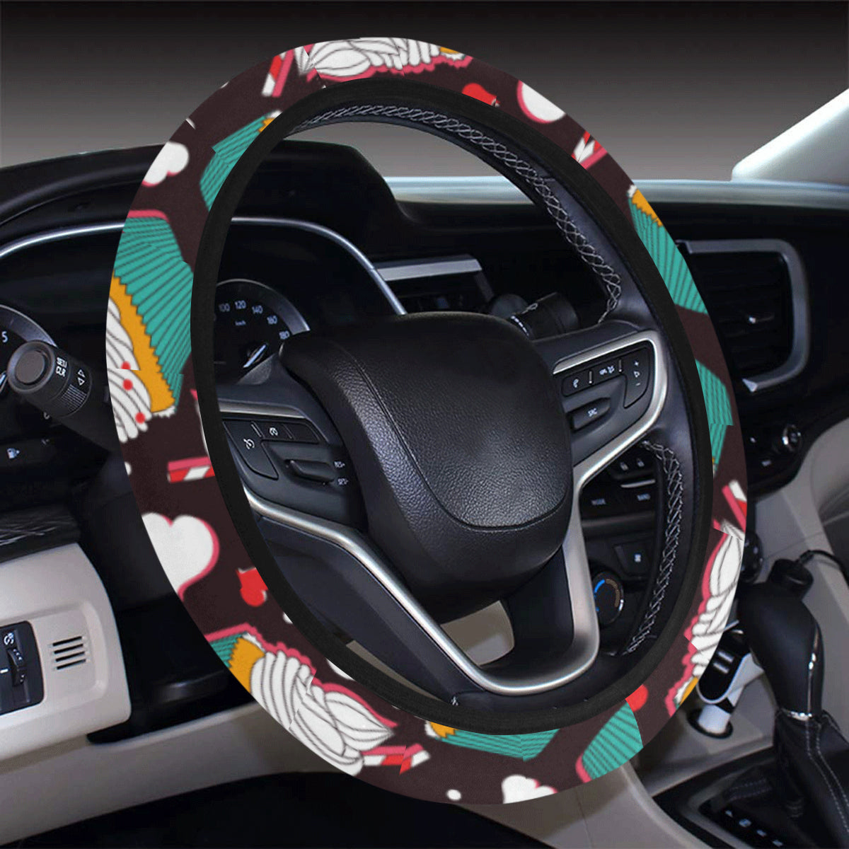 Cupcakes Heart Print Pattern Steering Wheel Cover with Elastic Edge