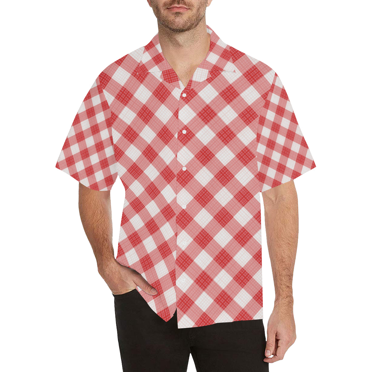 Gingham Red Pattern Print Design 01 Men's Hawaiian Shirt