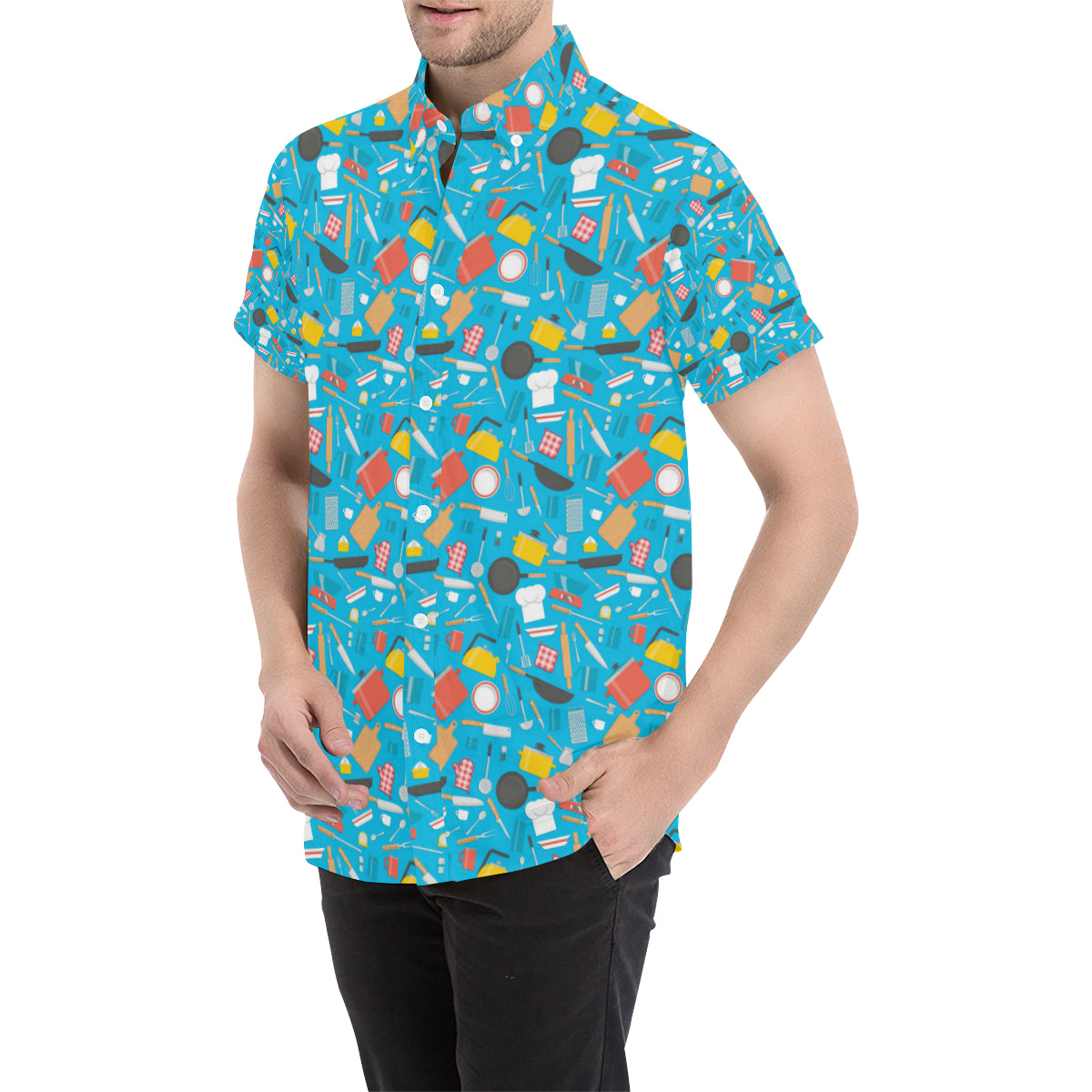 Cooking Kitchen Tools Pattern Print Design 03 Men's Short Sleeve Button Up Shirt