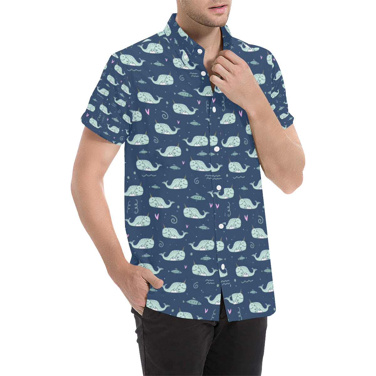 Narwhal Design Print Men's Short Sleeve Button Up Shirt