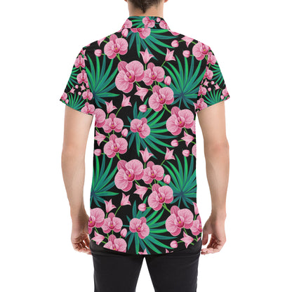 Orchid Pink Pattern Print Design OR06 Men's Short Sleeve Button Up Shirt