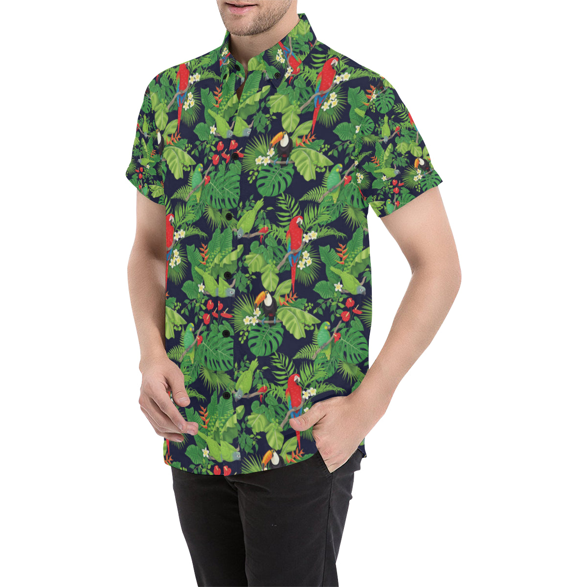 Rainforest Parrot Pattern Print Design A03 Men's Short Sleeve Button Up Shirt