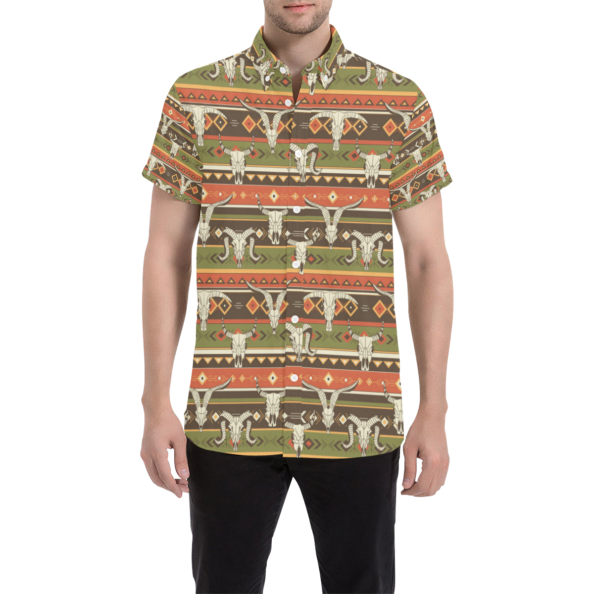 American indian Skull Animal Men's Short Sleeve Button Up Shirt