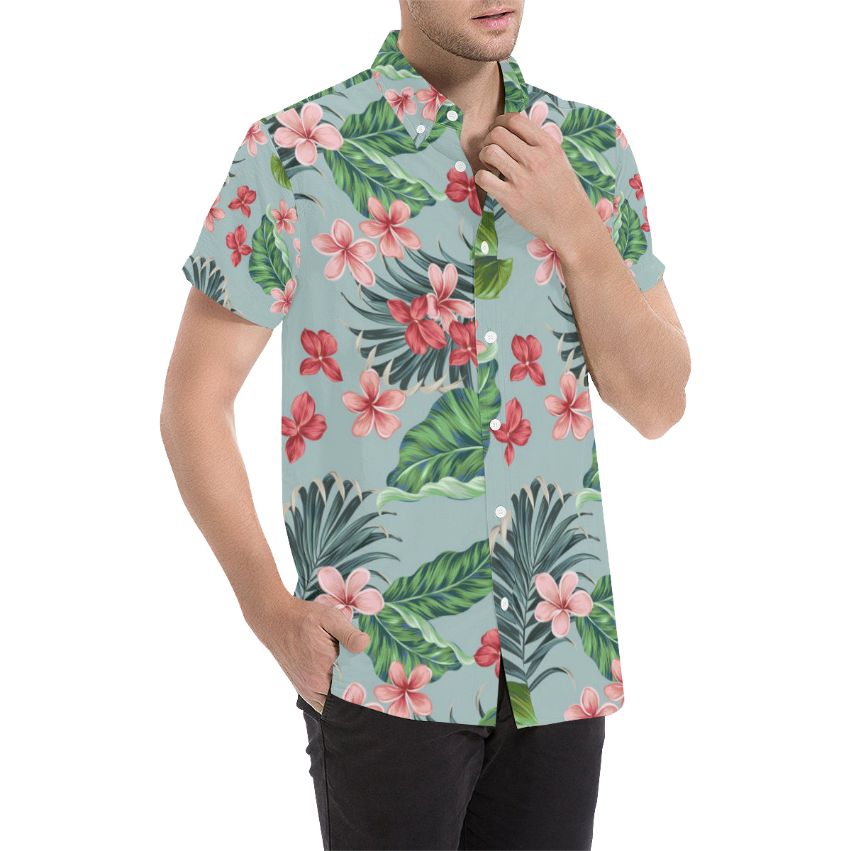 Plumeria Pattern Print Design PM027 Men's Short Sleeve Button Up Shirt