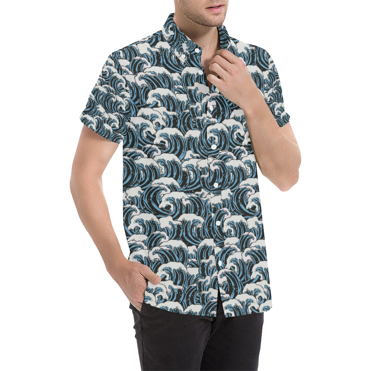 Surf Wave Pattern Print Men's Short Sleeve Button Up Shirt