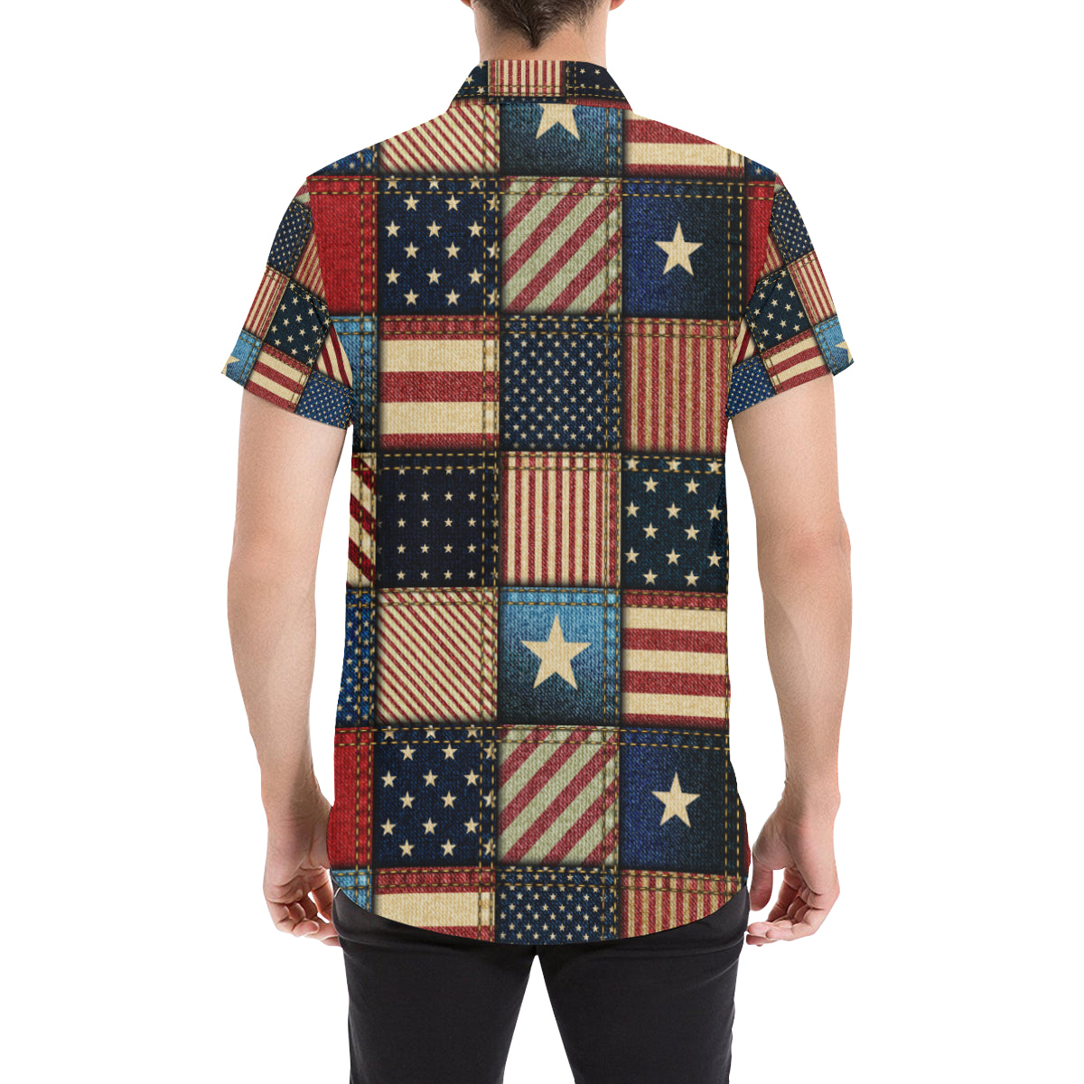 American flag Patchwork Design Men's Short Sleeve Button Up Shirt