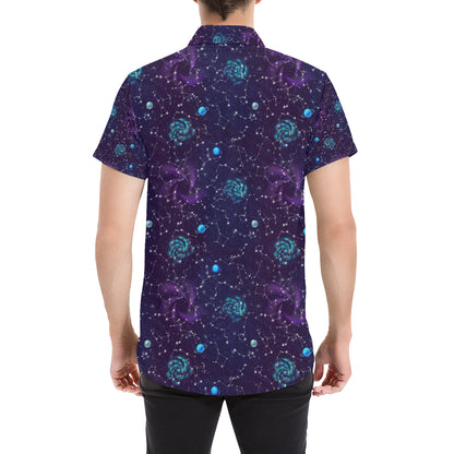 Zodiac Galaxy Design Print Men's Short Sleeve Button Up Shirt