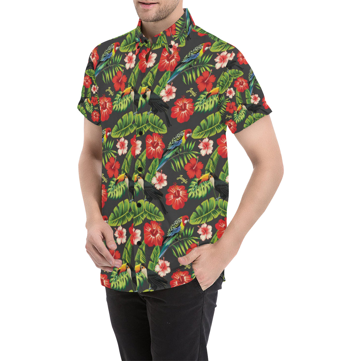Tropical Flower Pattern Print Design TF04 Men's Short Sleeve Button Up Shirt