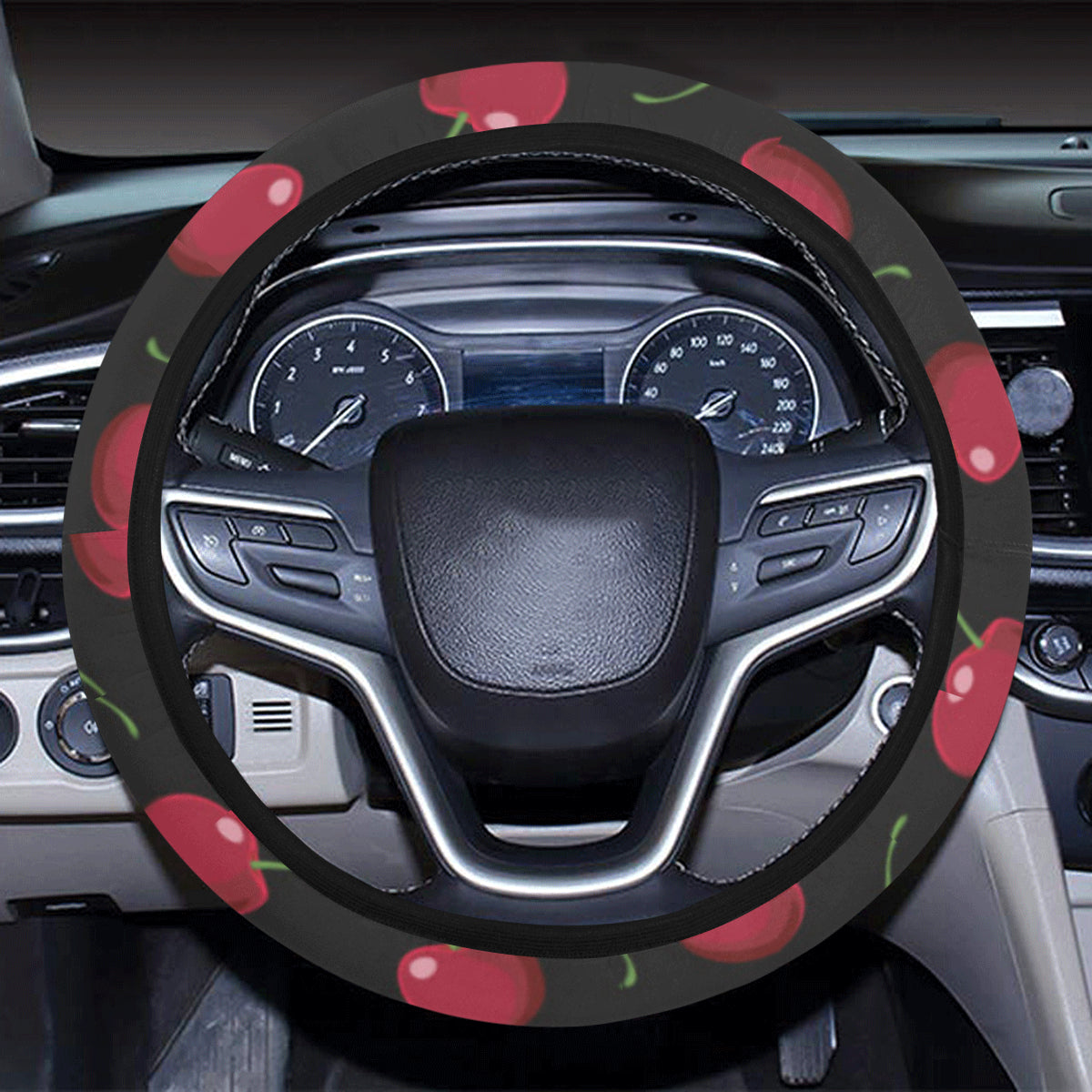 Cherry Black Background Steering Wheel Cover with Elastic Edge