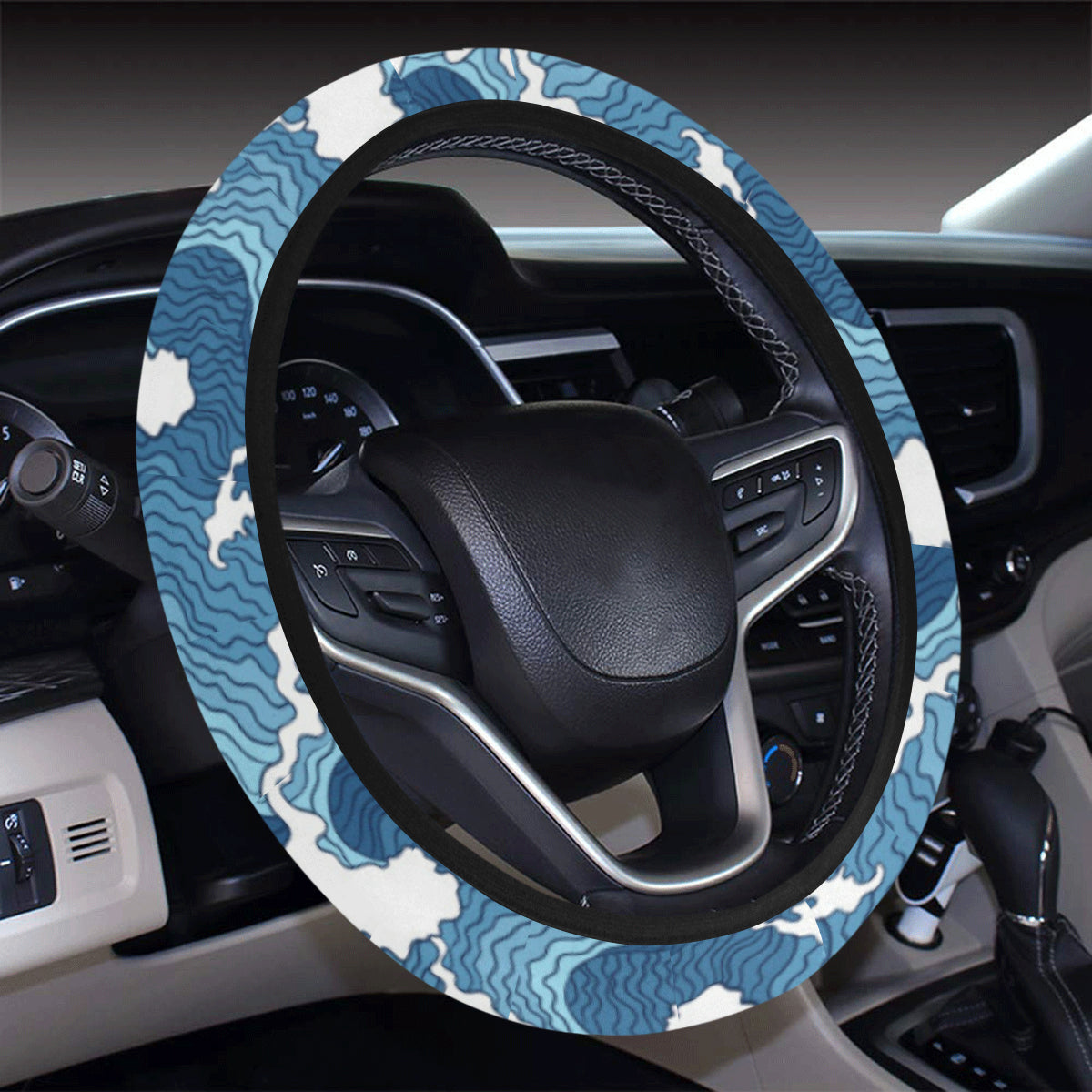 Wave Themed Pattern Print Steering Wheel Cover with Elastic Edge