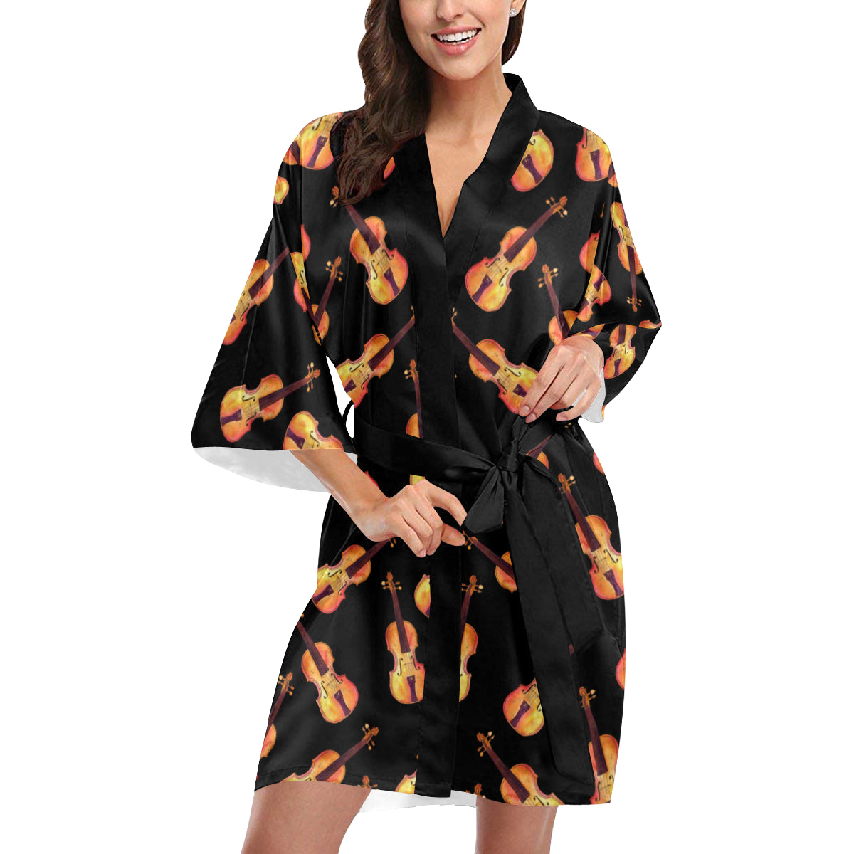 Violin Pattern Print Design 04 Women's Short Kimono