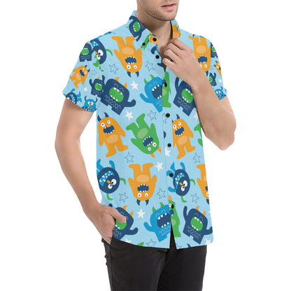 Monster Cartoon Pattern Print Design 04 Men's Short Sleeve Button Up Shirt