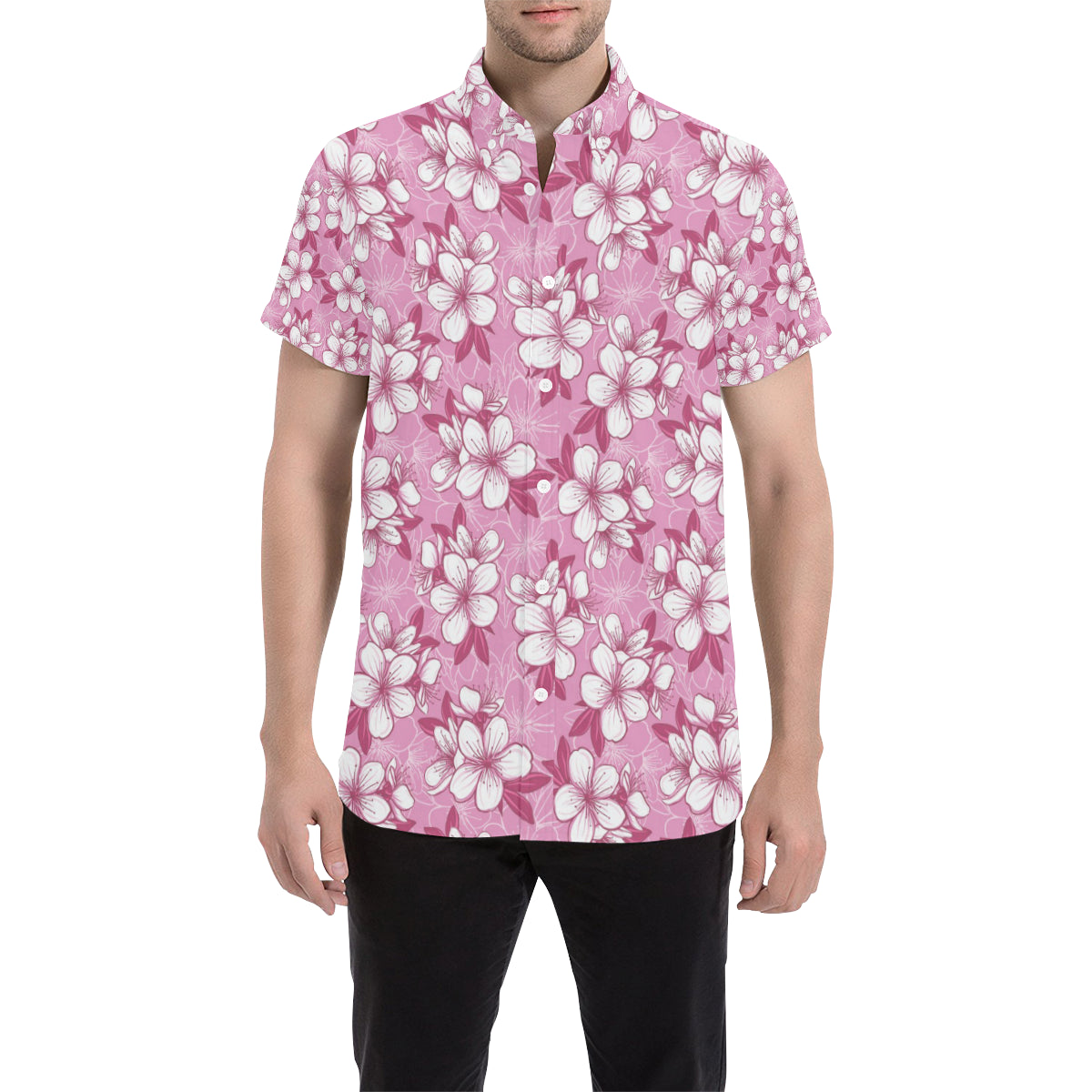 Cherry Blossom Pattern Print Design CB02 Men's Short Sleeve Button Up Shirt