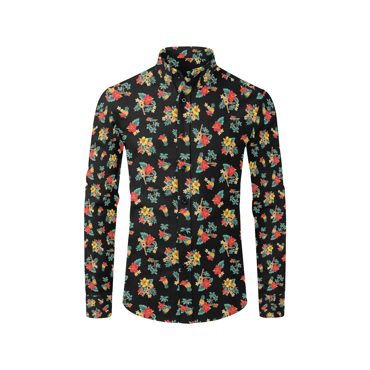 Hawaiian Flower Themed Print Men's Long Sleeve Shirt