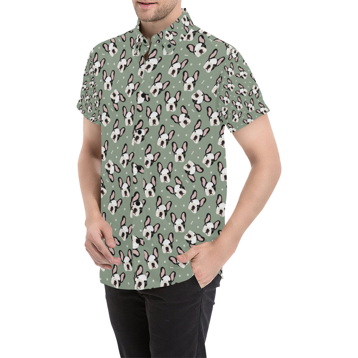 Boston Terrier Pattern Print Design 05 Men's Short Sleeve Button Up Shirt
