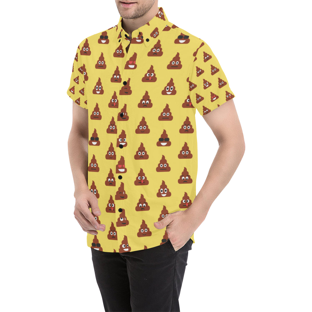 Emoji Poop Print Pattern Men's Short Sleeve Button Up Shirt