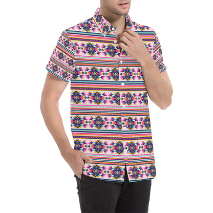 Indian Navajo Neon Themed Design Print Men's Short Sleeve Button Up Shirt