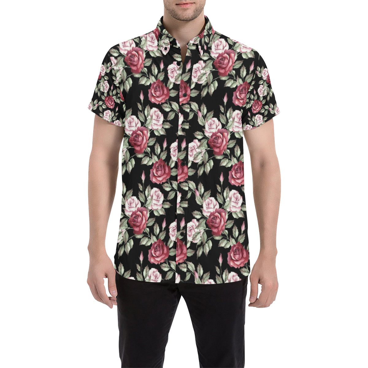 Rose Red Pink Pattern Print Design RO03 Men's Short Sleeve Button Up Shirt