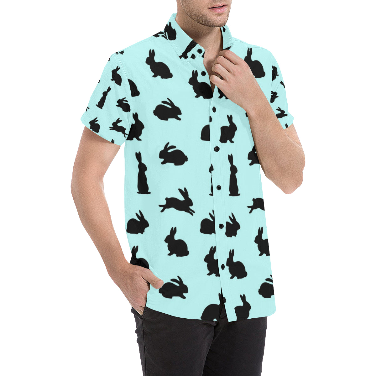 Rabbit Pattern Print Design RB010 Men's Short Sleeve Button Up Shirt