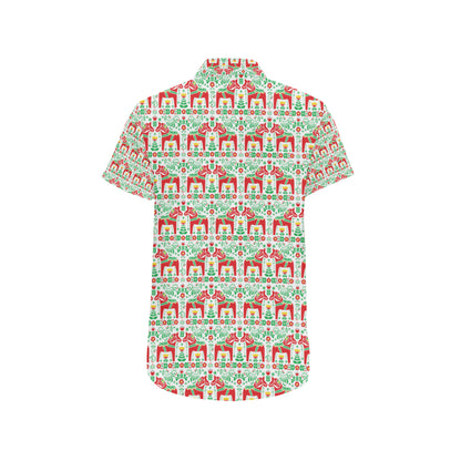 Swedish Dala Style Pattern Men's Short Sleeve Button Up Shirt