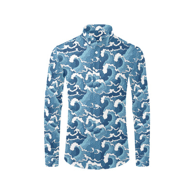 Wave Themed Pattern Print Men's Long Sleeve Shirt