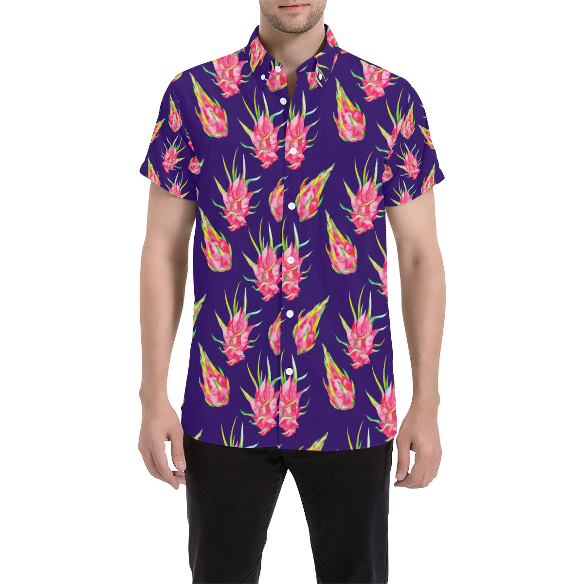 Dragonfruit Pattern Print Design DF02 Men's Short Sleeve Button Up Shirt