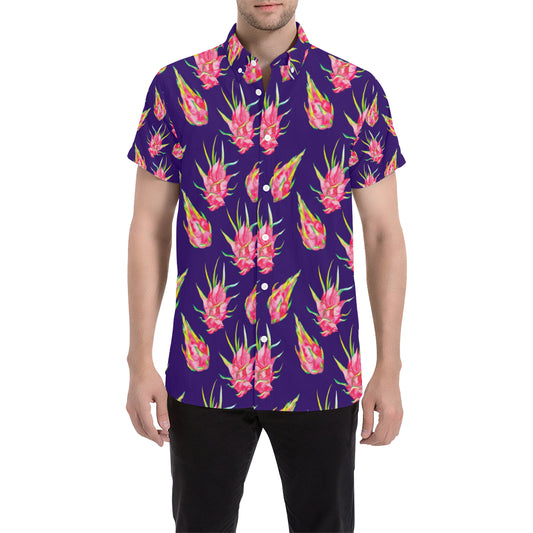 Dragonfruit Pattern Print Design DF02 Men's Short Sleeve Button Up Shirt