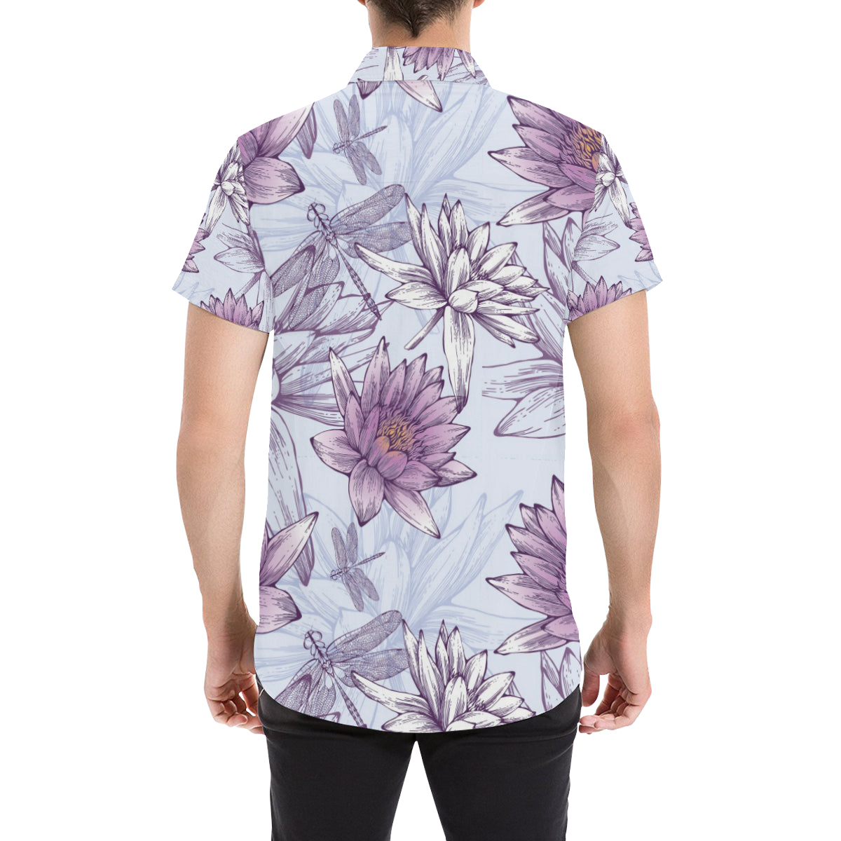 Water Lily Pattern Print Design WL01 Men's Short Sleeve Button Up Shirt