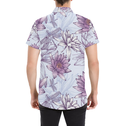 Water Lily Pattern Print Design WL01 Men's Short Sleeve Button Up Shirt