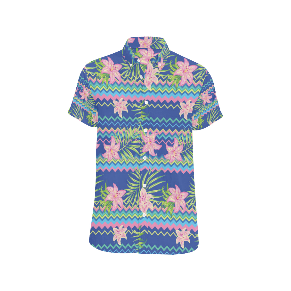 Lily Pattern Print Design LY015 Men's Short Sleeve Button Up Shirt