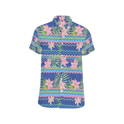 Lily Pattern Print Design LY015 Men's Short Sleeve Button Up Shirt
