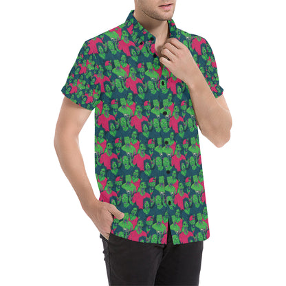 Zombie Themed Design Pattern Print Men's Short Sleeve Button Up Shirt