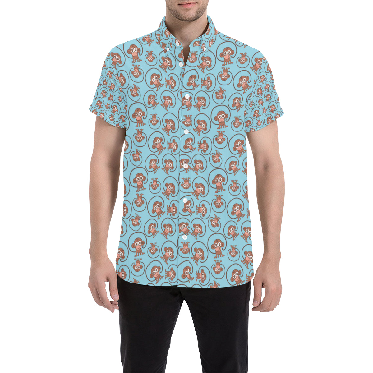 Monkey Cute Design Themed Print Men's Short Sleeve Button Up Shirt