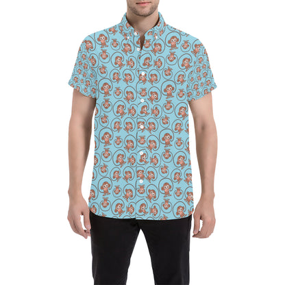 Monkey Cute Design Themed Print Men's Short Sleeve Button Up Shirt